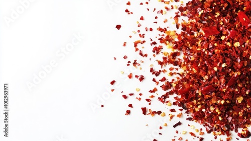 A bright and fiery pile of crushed red chili flakes, scattered loosely against a white background, perfect for spicy food themes photo