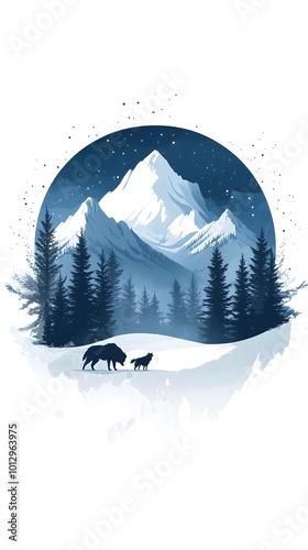 A vector logo of snowy mountains and evergreen trees, with the sun setting behind them, in shades of blue and pink against a white background photo