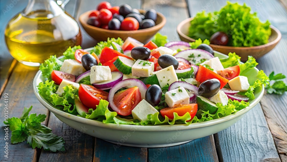 A bowl of fresh salad with cucumbers, tomatoes, onions, feta cheese, and olives, ready to be enjoyed A bowl of fresh salad with cucumbers, tomatoes, onions, feta cheese, and olives, ready to be enjoyed