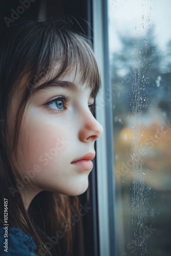 Girl Looks Out Window at Rain