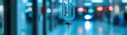 A clear IV drip hanging in a hospital corridor, surrounded by soft blue lighting, conveying a sense of calm and medical care. photo