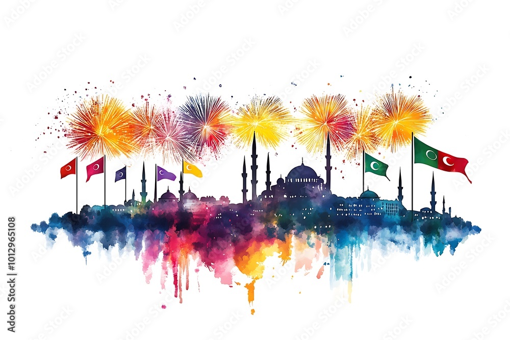 Fototapeta premium illustration of fireworks and cityscape