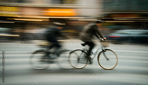 Photograph people walking or biking in a busy city, using a slow shutter speed to create motion blur while keeping the subject sharp