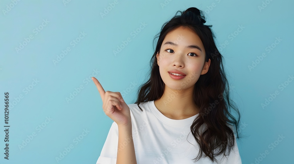 Asian woman presenting and pointing with copy space against a light blue background, showcasing beauty, confidence, and elegance Asian woman presenting and pointing with copy space against a light blue background, showcasing beauty, confidence, and elegance