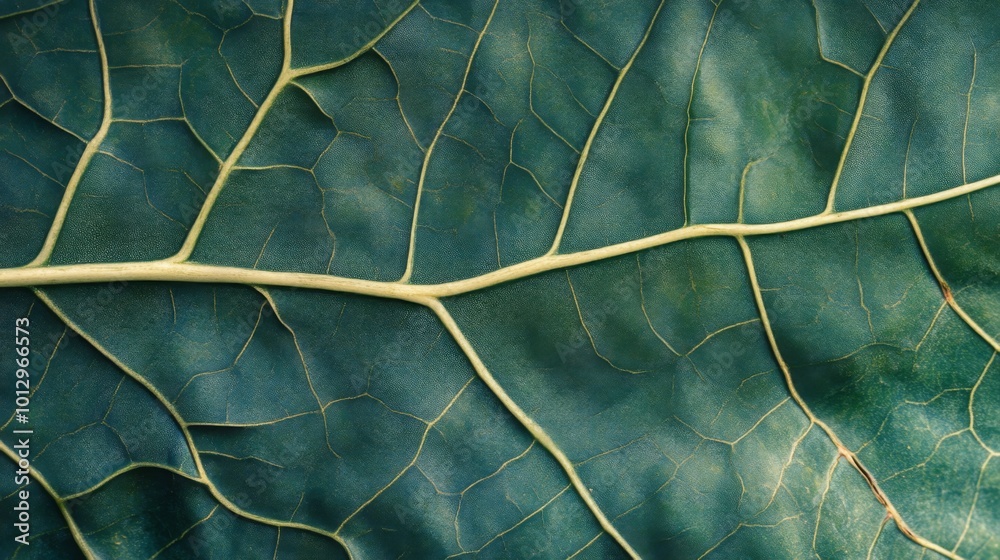 Close-up of a green leaf with prominent veins. Close-up of a green leaf with prominent veins.