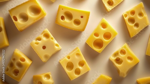 Close-up of swiss cheese varieties with holes on light background