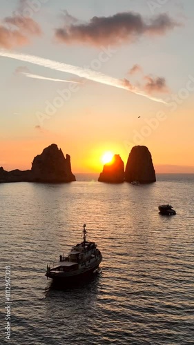 Alba tra i Faraglioni di Capri. Golfo di Napoli, Italia.
Ripresa aerea del sole che sorge tra i faraglioni di Capri all'alba di un nouvo giorno. photo