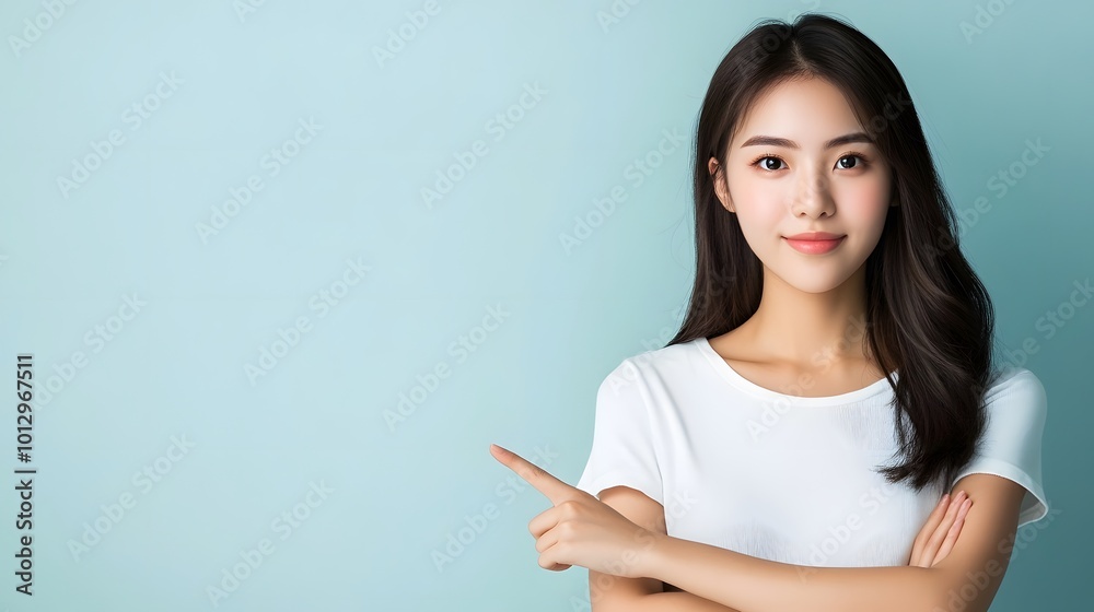 Asian woman presenting and pointing with copy space against a light blue background, showcasing beauty, confidence, and elegance Asian woman presenting and pointing with copy space against a light blue background, showcasing beauty, confidence, and elegance