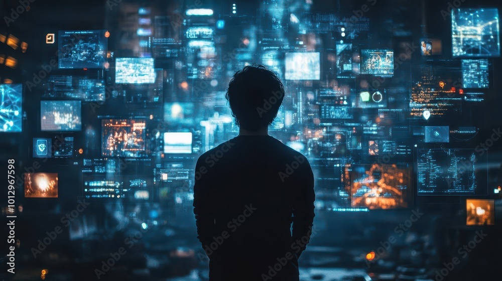 Silhouette of a person standing in front of a wall of digital screens. Silhouette of a person standing in front of a wall of digital screens.