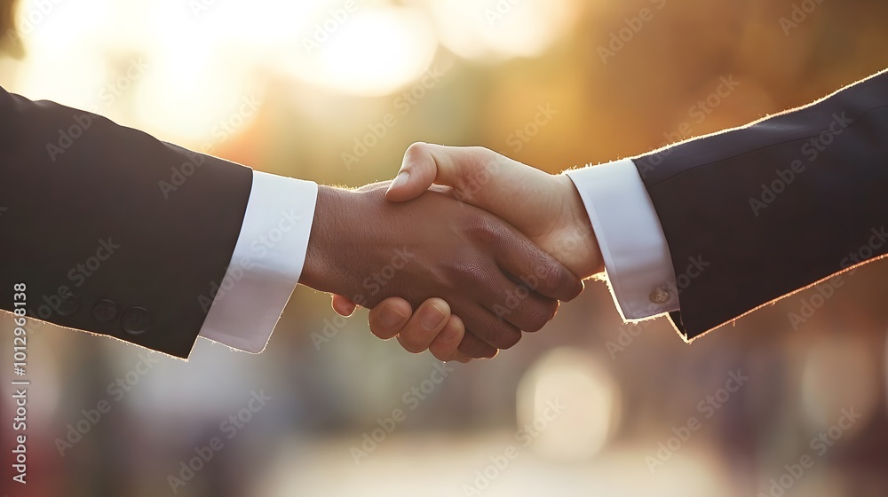 Two Men Shaking Hands, Close-Up, Sunlight in Background Two Men Shaking Hands, Close-Up, Sunlight in Background