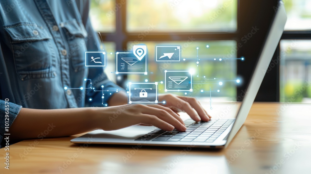 Naklejka premium Woman working on a laptop with email icons
