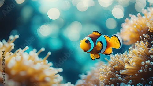 A close-up of a clownfish swimming through anemones. Blue water provides copy space in the background.