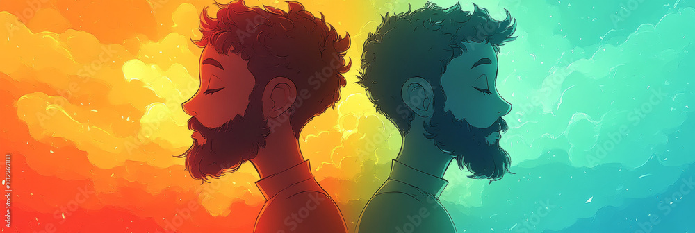 Obraz premium Two men with beards stand back to back against a vibrant background of yellow and blue clouds.