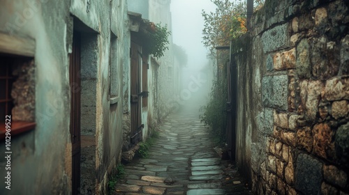 Foggy alleyway in medieval european village with stone walls and greenery, mysterious atmosphere