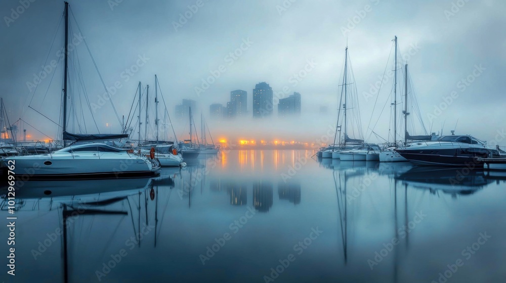 Foggy marina with sailboats against city skyline during early morning mist Foggy marina with sailboats against city skyline during early morning mist