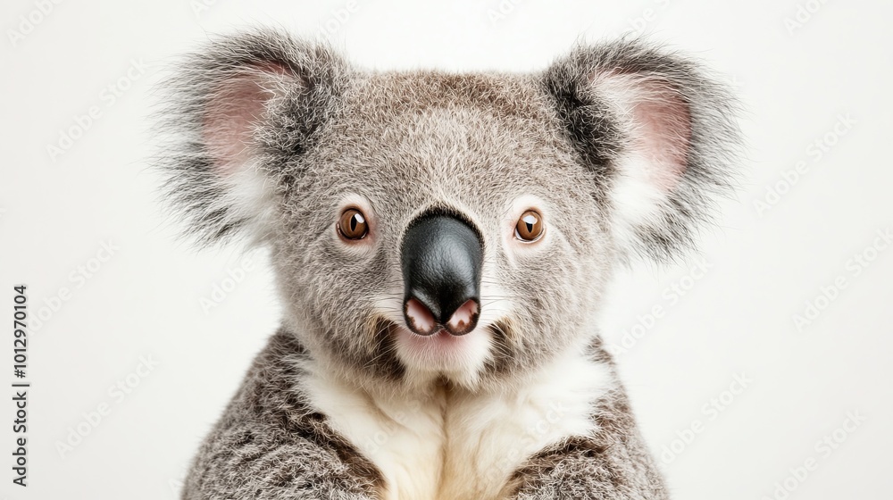 Fototapeta premium The koala, a cute and cuddly Australian animal, loves to climb trees and eat leaves. This photo shows a koala looking right at the camera, against a plain white background.