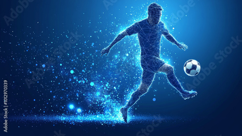 An abstract wireframe silhouette of a soccer player depicted in motion as he strikes the ball. The player is constructed from triangles and particles, emphasizing the dynamic form and athleticism of t