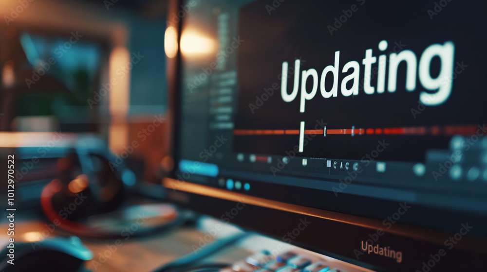 Close-Up of a Computer Screen Displaying a Software Update Progress Bar with Close-Up of a Computer Screen Displaying a Software Update Progress Bar with