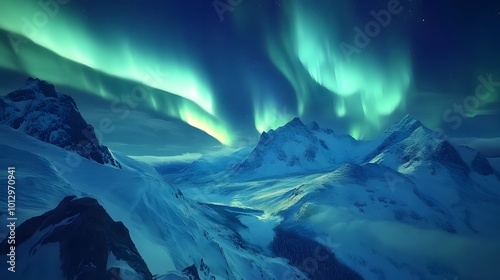 A breathtaking view of the Northern Lights dancing above Svalbard's snowy landscapes, creating an enchanting and mystical atmosphere in Norway's remote wilderness