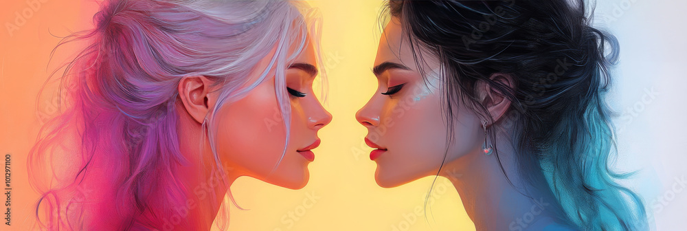 Two young women with colorful hair face each other, creating a stunning contrast. Two young women with colorful hair face each other, creating a stunning contrast.