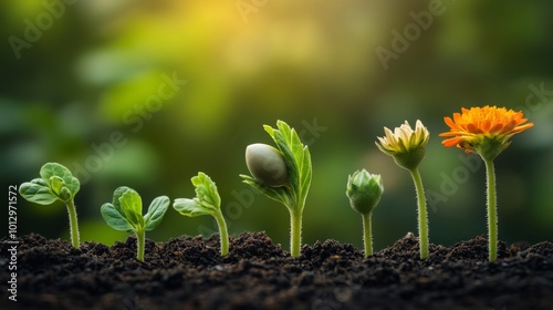 A sequence of different growth stages of a flower from sprout to bloom, captured in rich soil. The progression of life symbolizes the beauty of nature. AI Generation