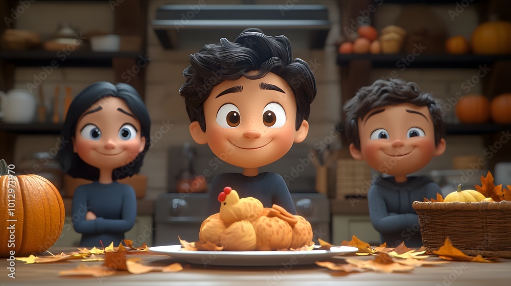Young kids crafting Thanksgiving decorations like handprint turkeys and leaf garlands in a cozy 3D cartoon style Young kids crafting Thanksgiving decorations like handprint turkeys and leaf garlands in a cozy 3D cartoon style
