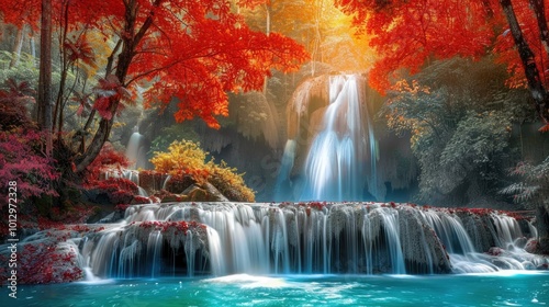Serene Waterfall in a Lush Autumn Forest
