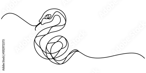 Snake continuous one line art hand drawing symbol. Poisonous reptile serpent outline, wildlife nature concept, Decoration continuous line hand drawing sign for 2025 year calendar, presentation, poster