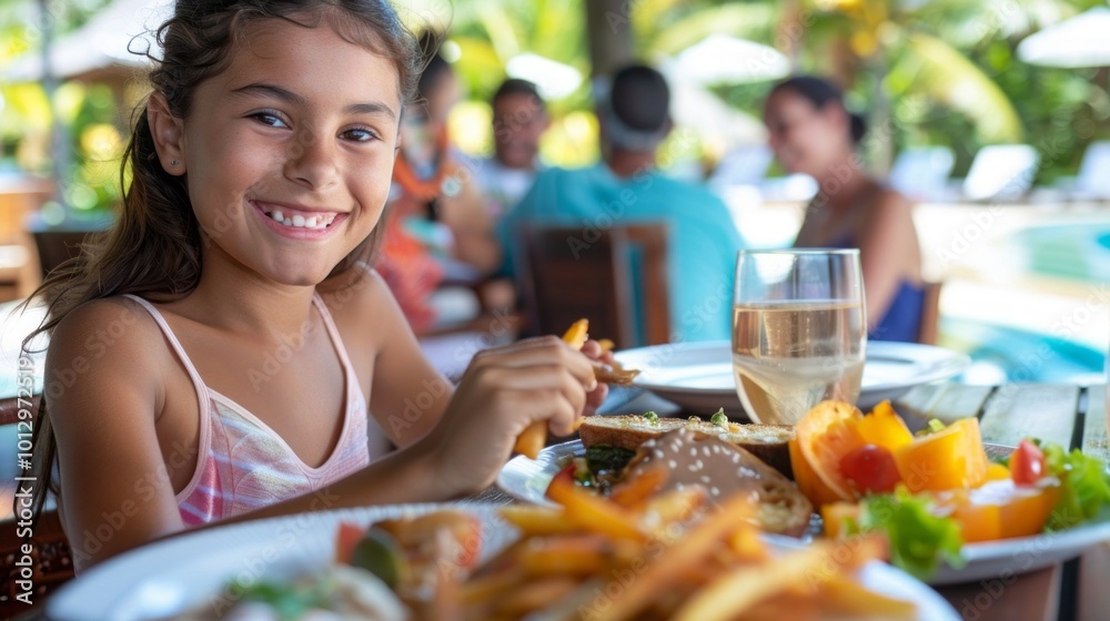 A young girl is sitting at a table with a plate of food in front of her A young girl is sitting at a table with a plate of food in front of her