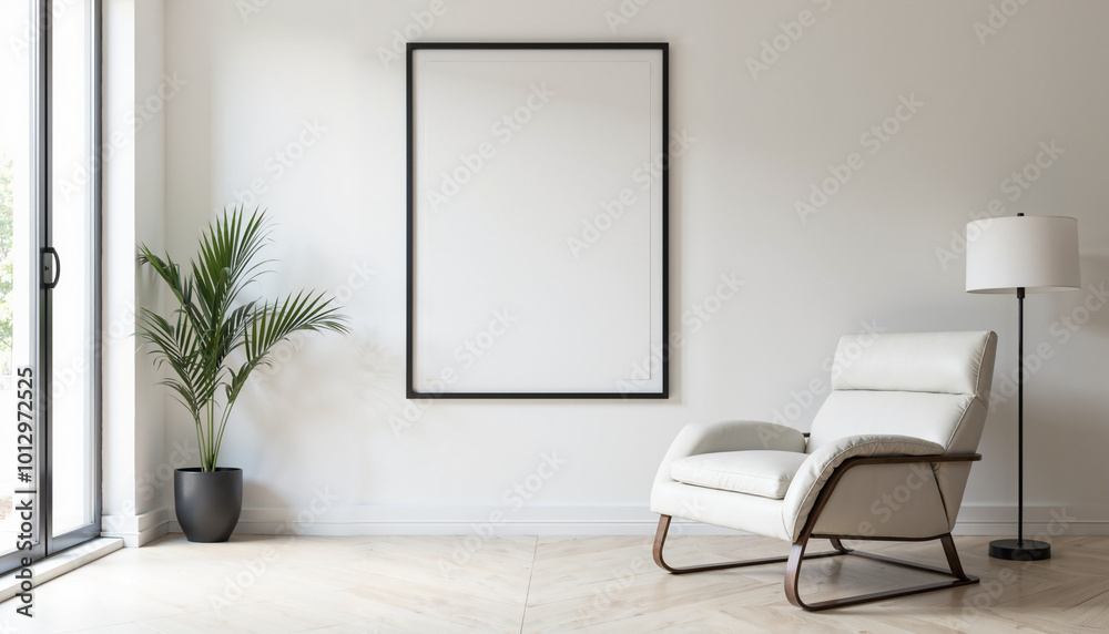 A minimalist living room with a white wall, a white armchair with a wooden frame, a floor lamp, and a potted plant. Mock-up illustration A minimalist living room with a white wall, a white armchair with a wooden frame, a floor lamp, and a potted plant. Mock-up illustration