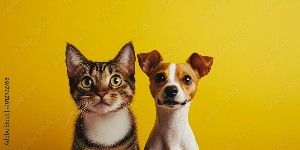 Curious cat and dog looking at the camera, yellow background. Curious cat and dog looking at the camera, yellow background.