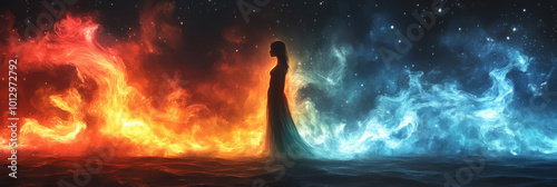 Woman in a long dress stands between fire and ice, a powerful image of duality. photo