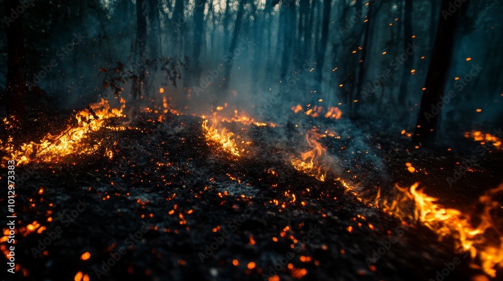 Intense wildfire spreads through a dense forest, with flames glowing against the dark night sky. Sparks fly as the fire consumes dry vegetation, creating a dramatic and dangerous scene.. AI Generation Intense wildfire spreads through a dense forest, with flames glowing against the dark night sky. Sparks fly as the fire consumes dry vegetation, creating a dramatic and dangerous scene.. AI Generation