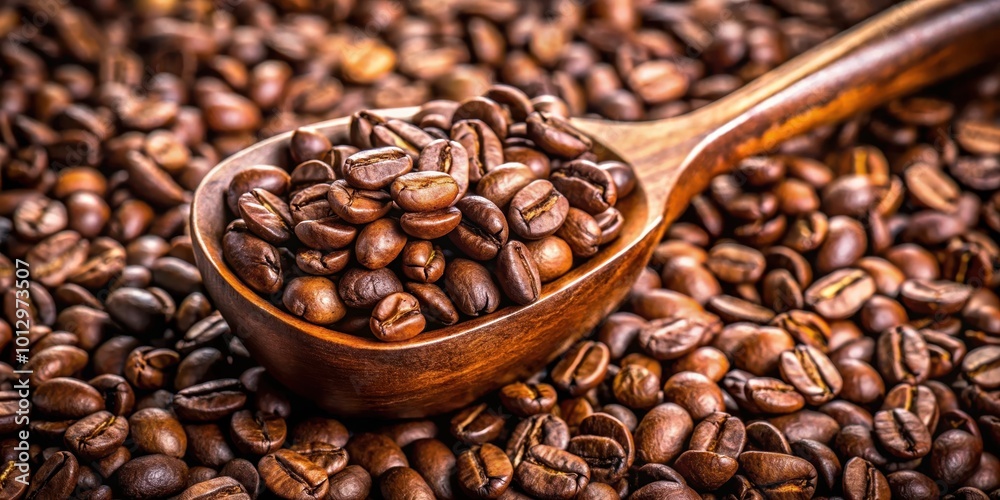 Fototapeta premium A wooden spoon filled with roasted coffee beans, nestled in a sea of similar beans, creating a rich, aromatic scene.
