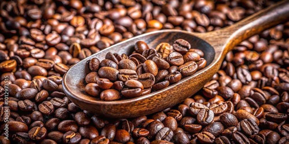 Fototapeta premium A wooden spoon filled with roasted coffee beans, nestled amongst a bed of freshly roasted beans, ready to be ground and brewed into a perfect cup of coffee.