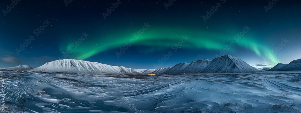 Fototapeta premium A breathtaking view of the Northern Lights dancing above Svalbard's snowy landscapes, creating an enchanting and mystical atmosphere in Norway's remote wilderness