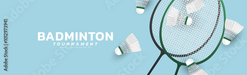 Badminton banner background with racket and white badminton shuttlecock on blue background ,vector sports illustration poster or banner style, illustration Vector EPS 10
