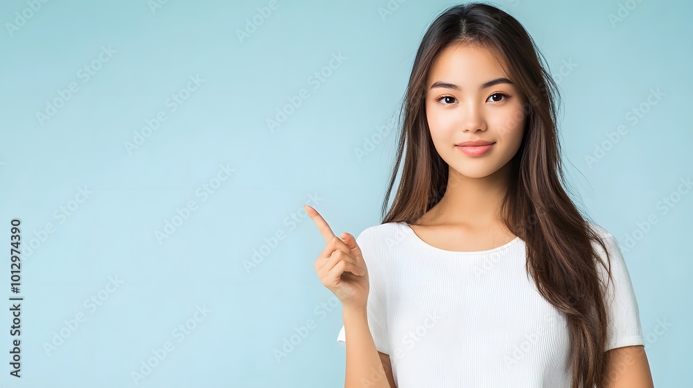 Asian woman presenting and pointing with copy space against a light blue background, showcasing beauty, confidence, and elegance Asian woman presenting and pointing with copy space against a light blue background, showcasing beauty, confidence, and elegance