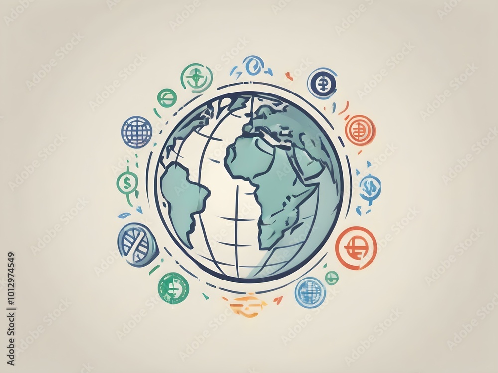 A vector of a globe surrounded by different currency symbols, representing international trade and f A vector of a globe surrounded by different currency symbols, representing international trade and f