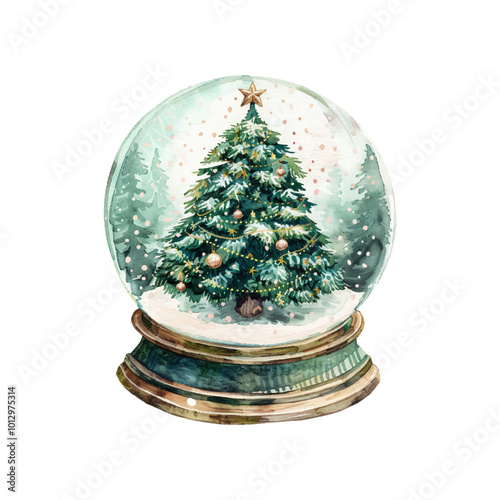 christmas tree in snowglobe vector illustration in watercolor style