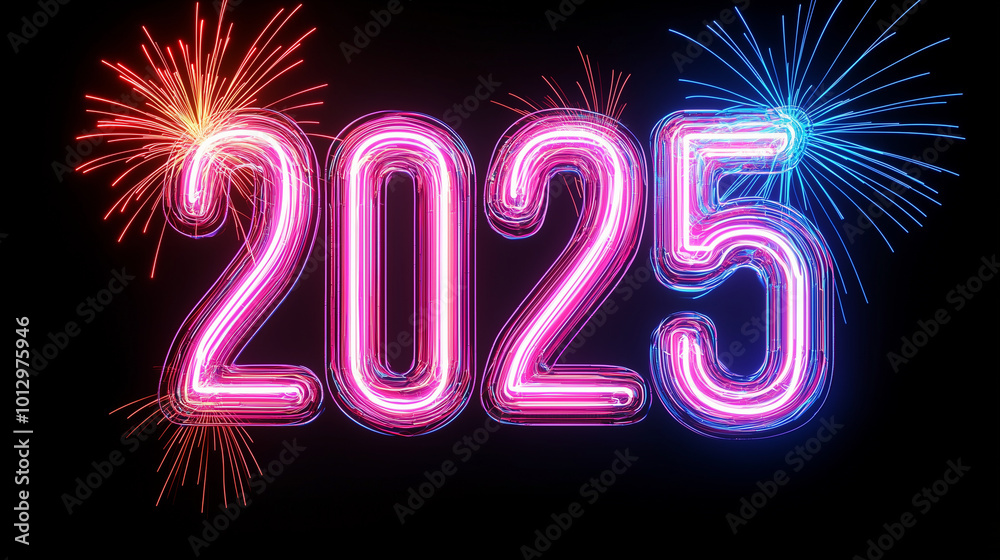 A futuristic new year banner with glowing neon numbers, 