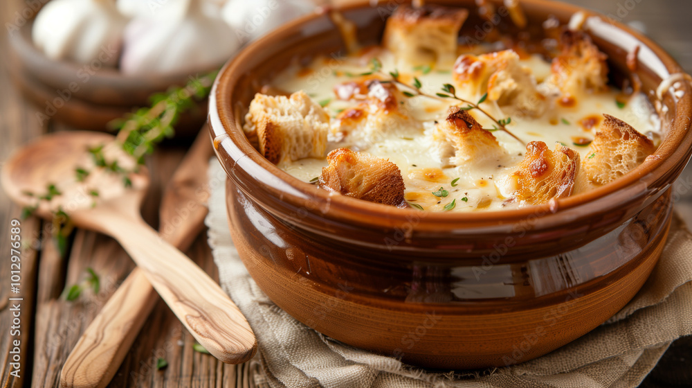 A delicious bowl of French onion soup, topped with melted cheese and crispy croutons. The ultimate comfort food for fans of French cuisine. A delicious bowl of French onion soup, topped with melted cheese and crispy croutons. The ultimate comfort food for fans of French cuisine.
