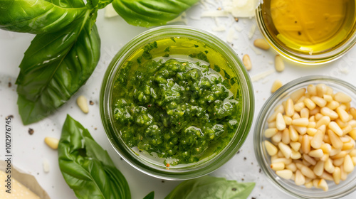 A vibrant close-up of a jar of freshly made pesto sauce with pine nuts, basil, and olive oil. A burst of flavor for Italian cooking enthusiasts.