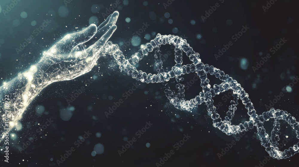 Human Hand and Robot Arm with a Three-Dimensional DNA Molecule Composed of Randomly Moving Particles: Dotted Quicksand Wave in Motion. Abstract Vector Illustration of Science Concept Background.
Human Hand and Robot Arm with a Three-Dimensional DNA Molecule Composed of Randomly Moving Particles: Dotted Quicksand Wave in Motion. Abstract Vector Illustration of Science Concept Background.