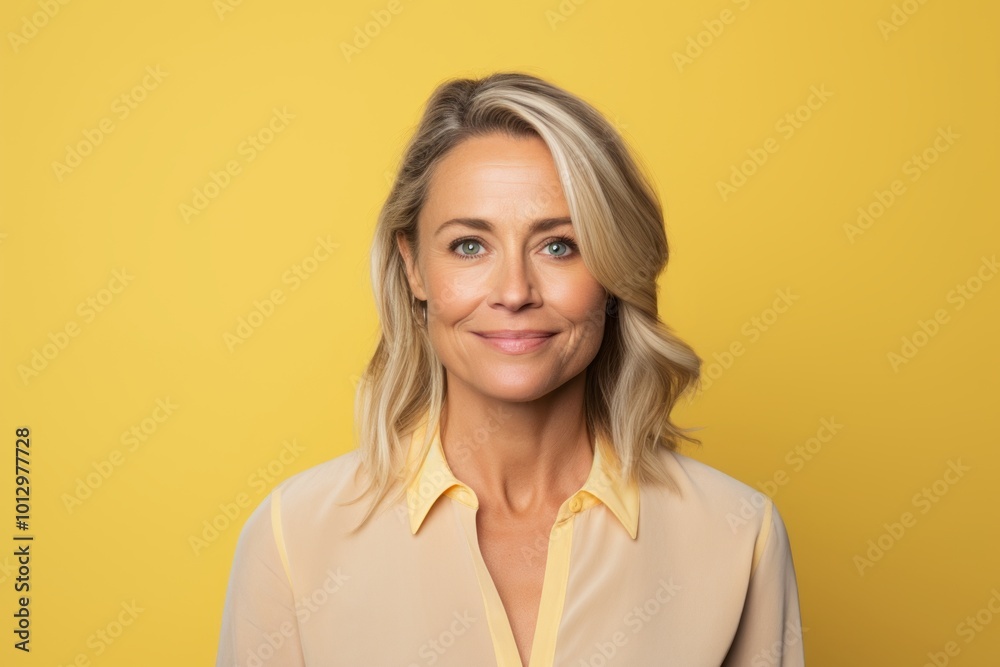 Portrait of a beautiful middle aged woman with blond hair smiling at the camera over yellow background Portrait of a beautiful middle aged woman with blond hair smiling at the camera over yellow background