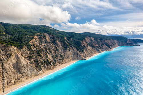 Drone view of Egremni beach with cliffs and turquoise water, Greece photo