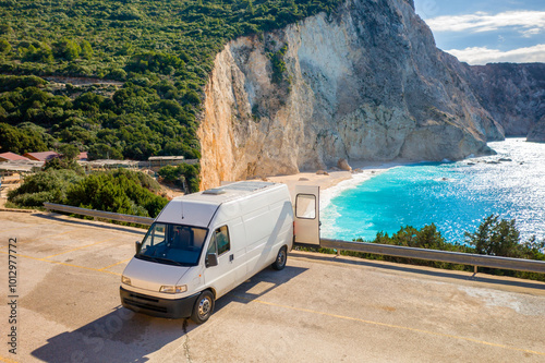Drone view of camper van on Porto Katsiki beach in Lefkada, Greece