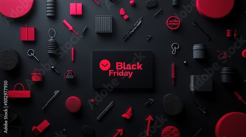 Black Friday Sale: Modern Flat Lay with Red and Black Gifts and Shopping Icons