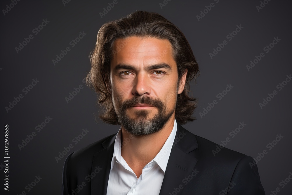 Handsome man with beard and mustache in black suit on grey background Handsome man with beard and mustache in black suit on grey background