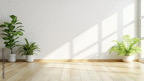 Minimalist interior design with white wall, wooden floor and sunlight streaming through the window, with potted plants.